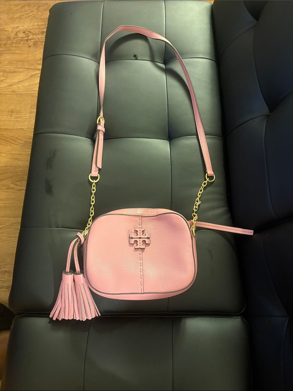 Tory Burch Pink Pebbled Leather Crossbody with Tassel and Gold Chain